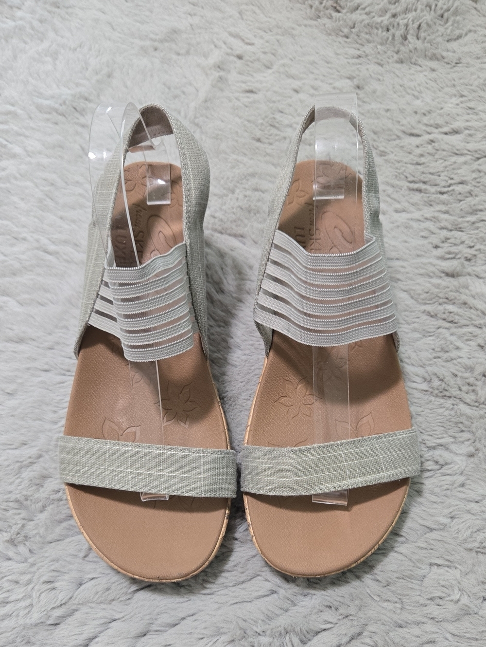 Skechers Beverlee Smitten cork wedge sandals stretch slingback strap size 9.5W